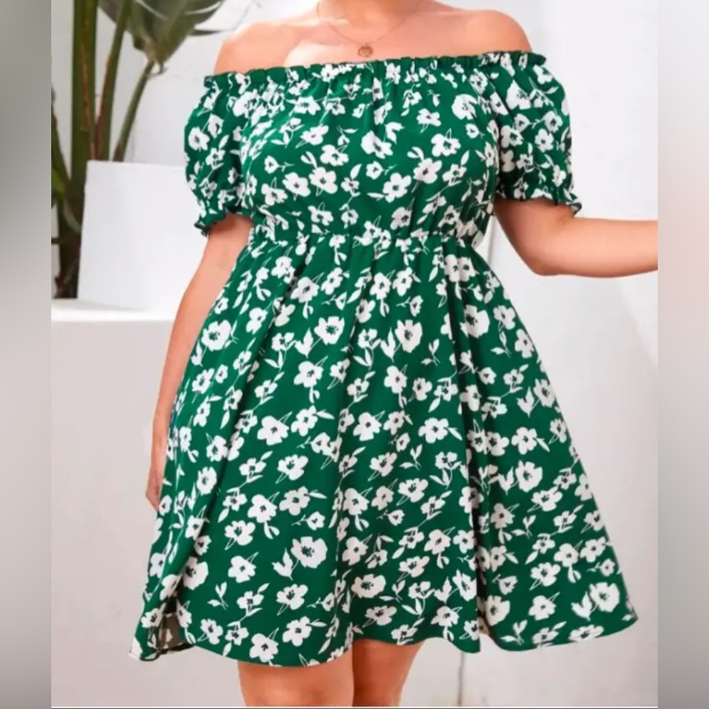 Plus Allover Floral Print Off The Shoulder A-line Dress